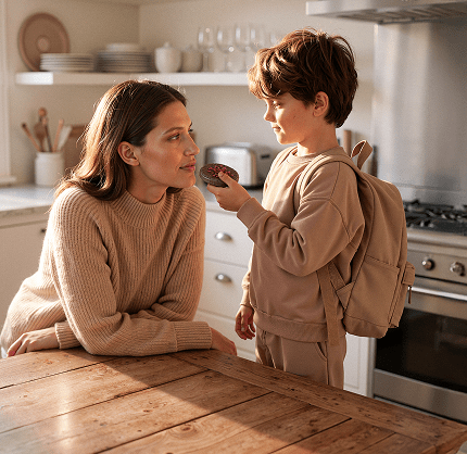 Niño con su merienda en la cocina